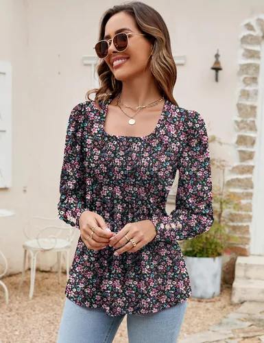 Vista 3 de ZHENWEI Blusa tipo túnica con cuello cuadrado para mujer, manga larga, plisada, holgada, con puños con botones, blusa casual de moda