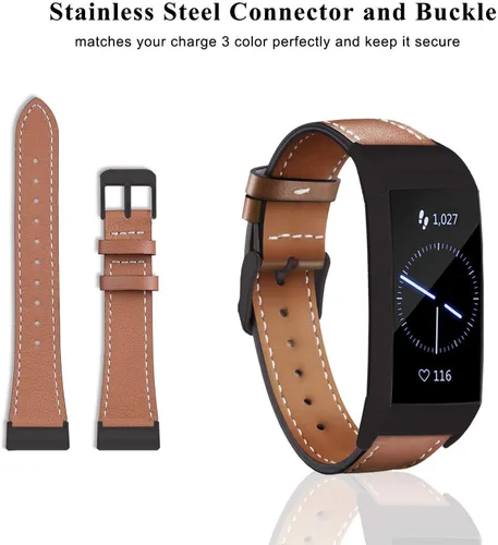 Vista 2 de Correa de cuero compatible con Fitbit Charge 3/Charge 4, bandas de cuero genuino de repuesto para mujeres y hombres 01. Conector de grafito y marrón