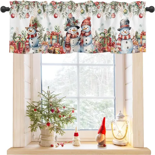 Vista 8 de Cenefas de cortina de Navidad con diseño de muñeco de nieve para ventanas, cenefas de ventana de hojas de eucalipto, bolsillo para barra, cortinas