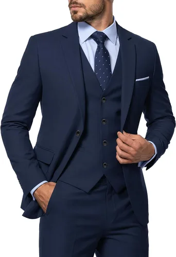 Vista 28 de MY'S Conjunto de traje de 3 piezas para hombre con corbata, chaqueta ajustada de un botón, chaleco y pantalones, blazer para fiestas, bodas, bailes