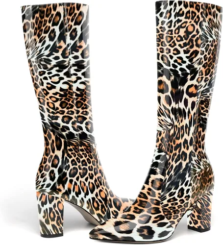 Vista 188 de AMBELIGHT Botas altas hasta la rodilla con cremallera y puntera puntiaguda para mujer, de patente sólida, tacón alto, 3.3 pulgadas