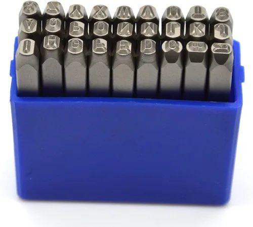 Vista 9 de Juego de 27 sellos de acero resistente con letras mayúsculas de 3/64" 1mm, kit de punzones de alfabeto para estampado a mano de caracteres, código