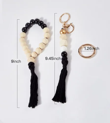 Vista 3 de Juego de llavero de pulsera hecho a mano con cuentas de madera con borlas para llaves, regalo de recuerdo