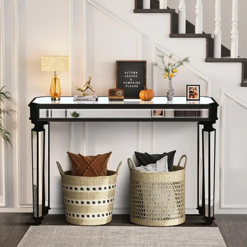 Vista 4 de Mesa de consola con espejo de 48 pulgadas, mesa de entrada moderna de plata glamorosa con borde tallado negro vintage con espejo de vidrio para sala