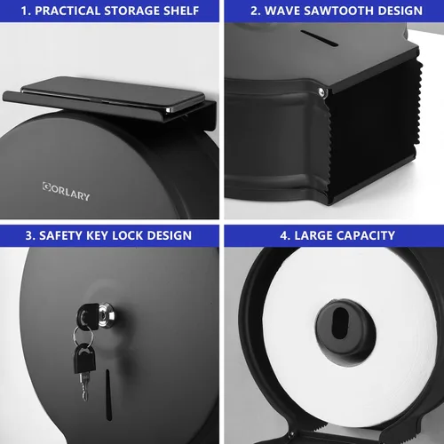 Vista 3 de Dispensador de papel higiénico gigante comercial con estante, soporte de rollo de acero inoxidable para montaje en pared, dispensadores de papel
