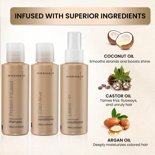 Vista 2 de MOEHAIR Juego de trío de viaje: champú con infusión de proteínas, acondicionador Color Alive y acondicionador sin enjuague, fortalecimiento e