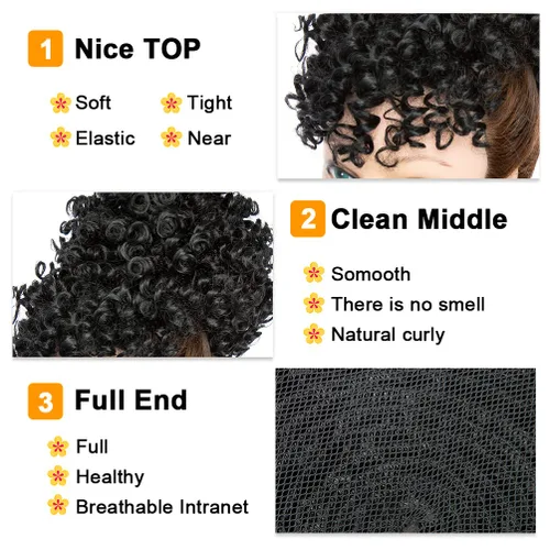 Vista 4 de MODSIGHT Cola de caballo afro hinchada con cordón y flequillo, moño de cola de caballo rizada crespa negra con flequillo, postizos para peinados