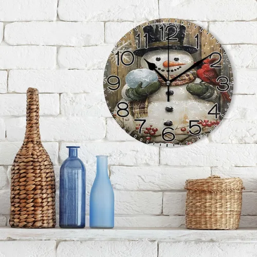 Vista 3 de ALAZA Snowman Cardinal Wood Wall Clock Battery Operated Non Ticking Silent Quartz Analog Rustic Farmhouse Round Clock Retro Decor for Home Kitchen