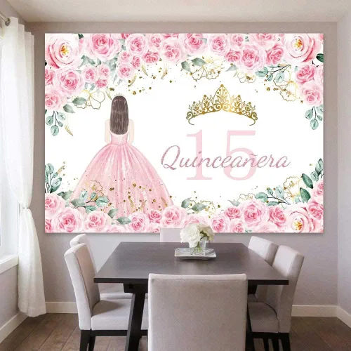 Vista 3 de Sensfun Telón de fondo de quinceañera con texto en inglés "Mis Quince Anos", decoración de cumpleaños de 15 años, flores rosadas, corona dorada