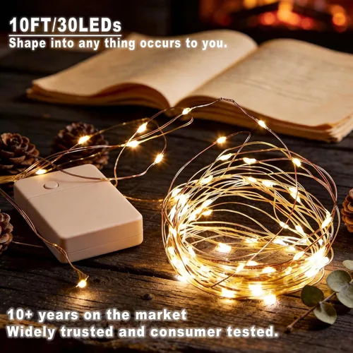 Vista 3 de Paquete de 3 luces LED recargables de 10 pies, 30 luces LED, 4 modos de iluminación estrellada de Navidad de alambre de cobre, impermeable, micro