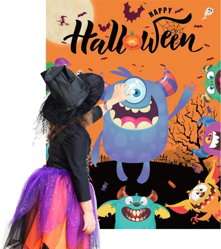 Vista 5 de Juegos de fiesta de Halloween, Pin Eye on The Monster Game Reutilizable, Pin The Monster Halloween Party Favor Suministros para niños y niñas