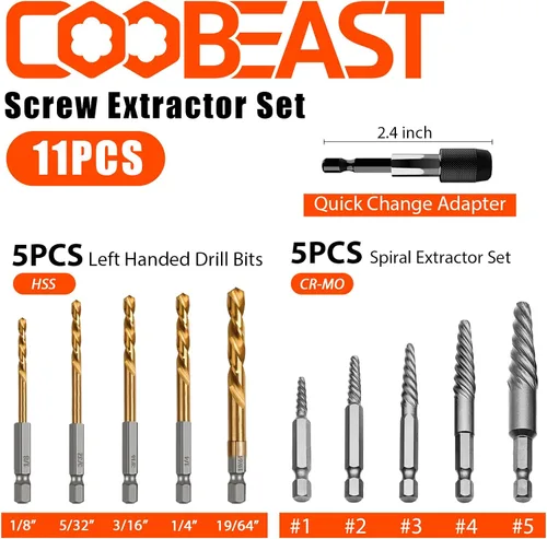 Vista 2 de Coobeast Juego de Extractor de Tornillos de 11 Piezas, Juego de Brocas de Mano Izquierda y Extractor de Pernos Fácil de Quitar Tornillos Rotos