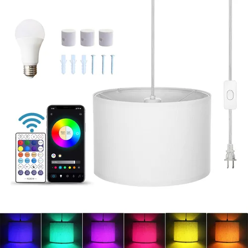 Vista 11 de ZSLAIFU Luz colgante enchufable de 15 pies con interruptor, luces colgantes con cable enchufable, lámpara colgante con control remoto, lámpara Blanco