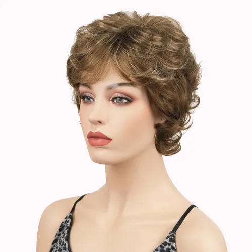 Vista 3 de Lydell Pelucas cortas y onduladas de 6 pulgadas, cabello sintético completo, estilo clásico (12TT26 marrón claro con reflejos)