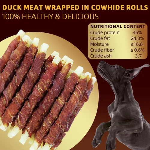 Vista 6 de Golosinas de cuero crudo envueltas en pato para perros masticables dentales Palitos masticables de piel cruda envueltos en pato real, con alto