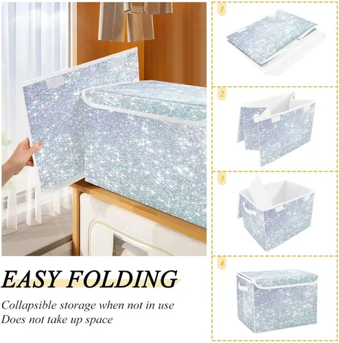 Vista 4 de Ollabaky Contenedor de almacenamiento plegable más grande con purpurina brillante, caja de almacenamiento decorativa de tela, organizador de cubos