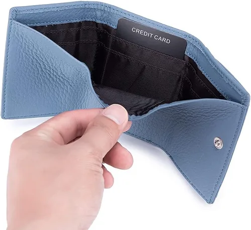 Vista 4 de Cartera pequeña para mujer, de piel con RFID, compacta, para tarjetas, monedero delgado con bolsillo frontal, Amarillo, Minimalista