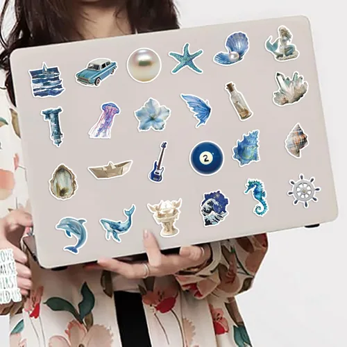 Vista 6 de YOKSAS 50 calcomanías azules impermeables para botellas de agua y portátiles, calcomanías estéticas de moda para Mac, computadora, teléfono