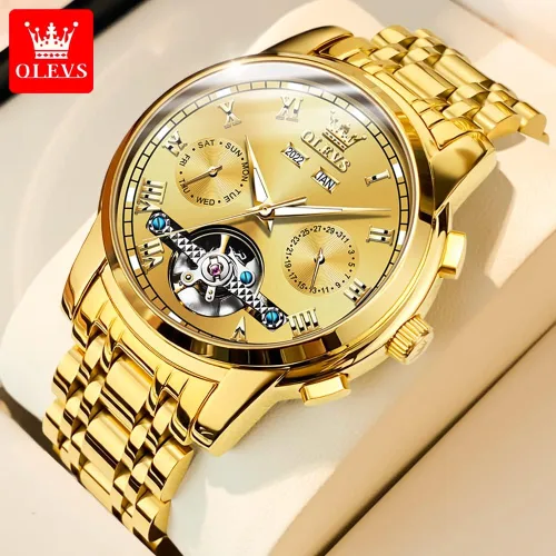 Vista 8 de OLEVS Relojes automáticos de cuerda automática para hombre, fecha y día, calendario, relojes de acero inoxidable, movimiento de esqueleto