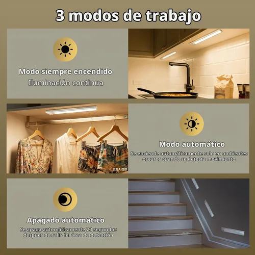 Vista 3 de Paquete de 4 luces para debajo del gabinete, luz recargable con sensor de movimiento para interiores, luces magnéticas inalámbricas regulables, 32