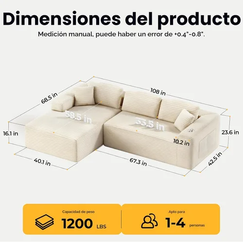 Vista 2 de CAMMOO Sofá seccional modular Cloud de 108 pulgadas en una caja, sofá seccional modular comprimido con asiento profundo, sofás de pana sin Beige
