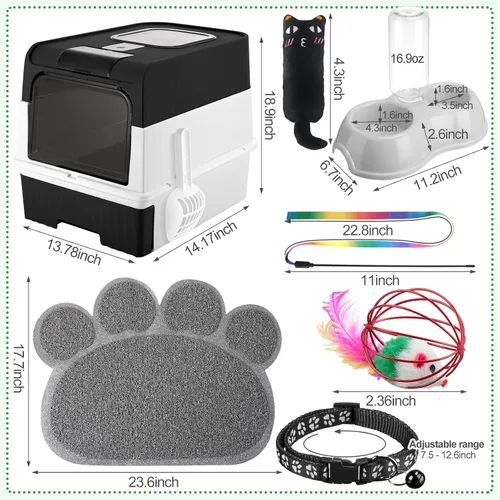 Vista 2 de Tioncy Kit de iniciación de 7 piezas para gatos pequeños, caja de arena para gatos con pala y alfombrilla de arena para patas, cuencos dobles Negro