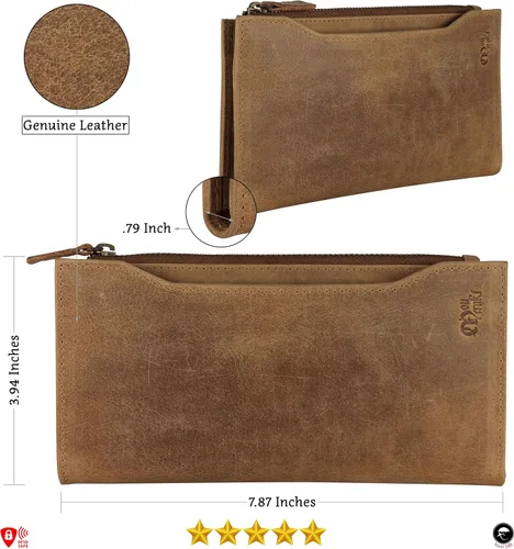 Vista 4 de Mou Meraki Cartera larga con bloqueo RFID de cuero genuino - Vintage Bifold para hombres