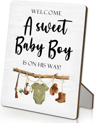 Vista 7 de Letrero azul de bienvenida para baby shower, mesa de ducha de niños y bebés, soporte de madera de 5 x 7 pulgadas, decoración de «A Sweet Baby Boy Is