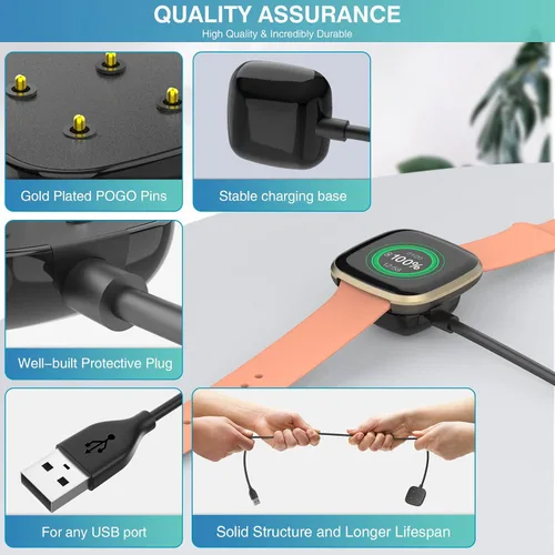 Vista 5 de Trami Paquete de 2 cargadores compatibles con Fitbit Sense & Versa 3, cable de carga USB de repuesto para reloj Versa 3/Versa 4/Sense/Sense 2, 3.3