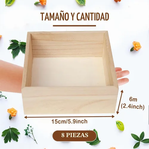 Vista 2 de Paquete de 8 cajas de madera sin terminar, 6 x 6 pulgadas, cuadradas, rústicas, pequeñas cajas de madera para almacenamiento, decoración del hogar
