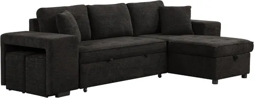 Vista 9 de Sofá cama modular modular modular en forma de L convertible de 3 plazas con diván de almacenamiento y 2 taburetes, juego de muebles reversibles