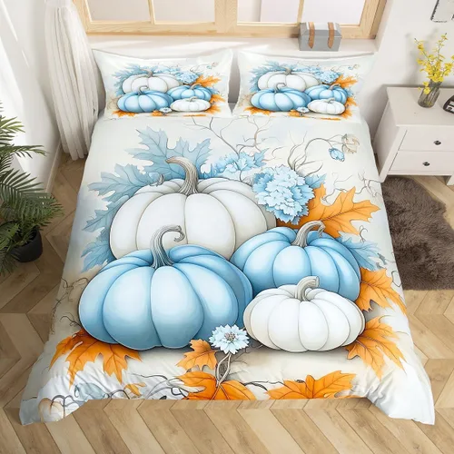 Vista 17 de Erosebridal Juego de funda de edredón individual de pavo de Acción de Gracias, juego de ropa de cama de calabaza y hojas de otoño para niños