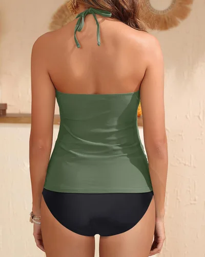 Vista 2 de Yonique Traje de baño de dos piezas para mujer, tankini con control de abdomen, talla grande, cuello halter en V