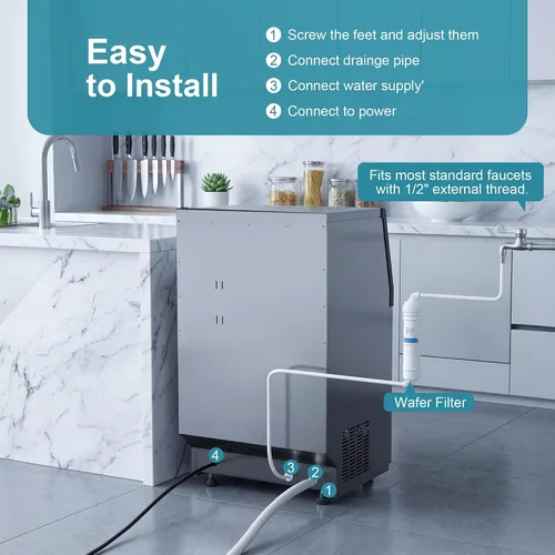 Vista 7 de Máquina comercial para hacer hielo, 80 libras/24 horas, máquina de hielo transparente con almacenamiento de 33 libras, debajo del mostrador