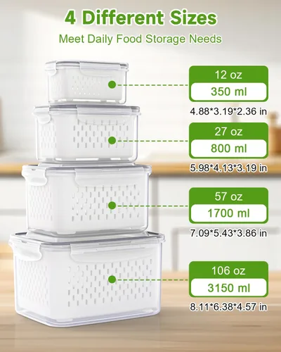 Vista 3 de TBMAXS Paquete de 4 recipientes de almacenamiento de alimentos para refrigerador con colador, herméticos, sin BPA, contenedor de plástico