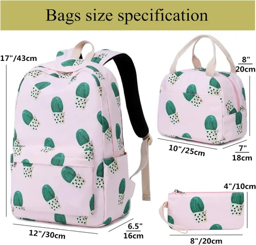 Vista 5 de Juego de mochila escolar de 3 piezas, ligeras, para adolescentes, niñas, con aislamiento, estuche para lápices (Cactus)