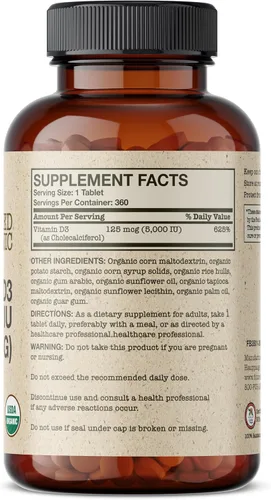 Vista 2 de Futurebiotics Vitamina D3 5,000 UI (125 MCG), Suplemento orgánico de vitamina D certificado por USDA, 360 tabletas