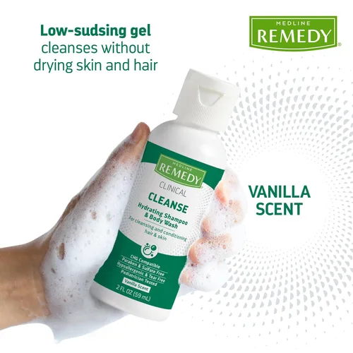 Vista 3 de Medline Remedy Champú hidratante clínico y gel de baño (2 onzas líquidas), aroma a vainilla, limpiador, sin enjuague, adultos, niños, ducha o mesita
