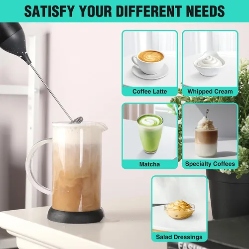 Vista 4 de HAUSHOF Potente varita espumadora de leche recargable, máquina de espuma eléctrica de mano, mezclador de bebidas con batidor de acero inoxidable