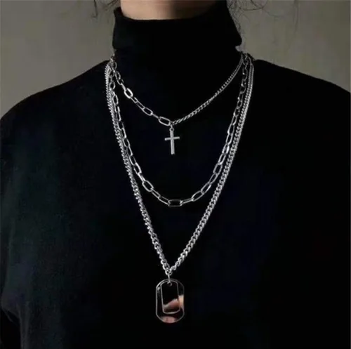 Vista 6 de Collar con dije de cadena larga, punk multicapa para mujeres y hombres, Metal