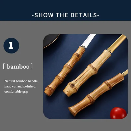 Vista 5 de juegos de cubiertos de bambú, juego de cubiertos de mango de bambú, utensilios de cocina para el hogar, juegos de cubiertos para 4, se recomienda