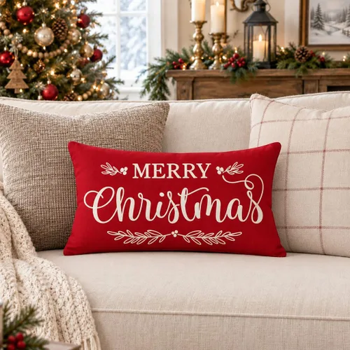 Vista 2 de Fundas de almohada PANDICORN ANDICORN Merry Christmas de 12 x 20 pulgadas, color rojo Rojo navideño