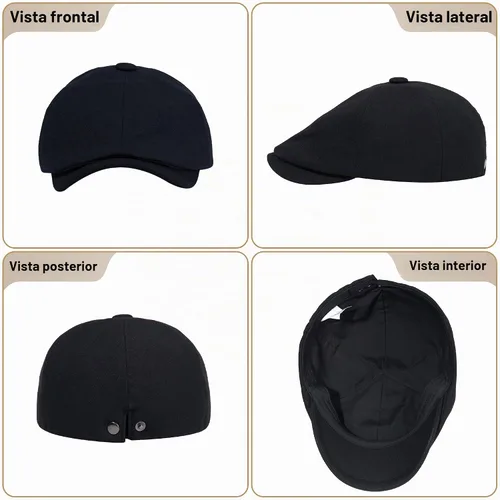 Vista 2 de Newsboy Gorras para hombre, 6 paneles, gorra plana para hombre, sombreros Negro