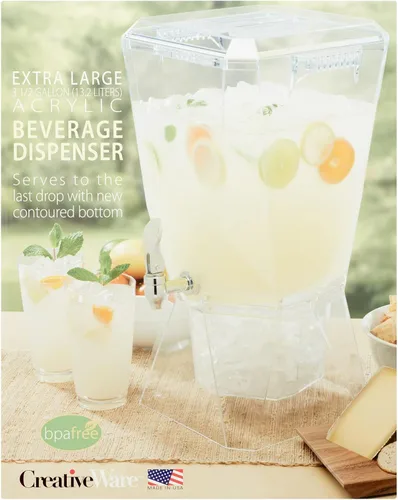 Vista 3 de CreativeWare Crown - Dispensador de bebidas con base y clip para nombre, 3.5 galones, transparente