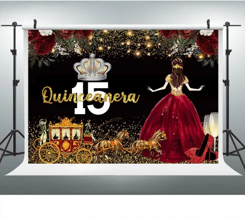 Vista 9 de Vestido rojo, fondo de flores de rosa, telón de fondo de cumpleaños de quinceañera para niña, princesa, feliz cumpleaños 15, carruaje de fotografía