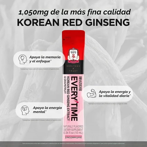 Vista 6 de JUNG KWAN JANG Everytime - Extracto de ginseng rojo coreano de 1,000 mg y pomelo – Bebida energética vegana con raíz de ginseng en sobres líquidos