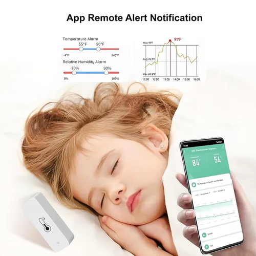Vista 7 de PHOVOLT Sensor de termómetro higrómetro WiFi para el hogar, sensor de humedad inalámbrico para interiores y exteriores, con alerta de notificación