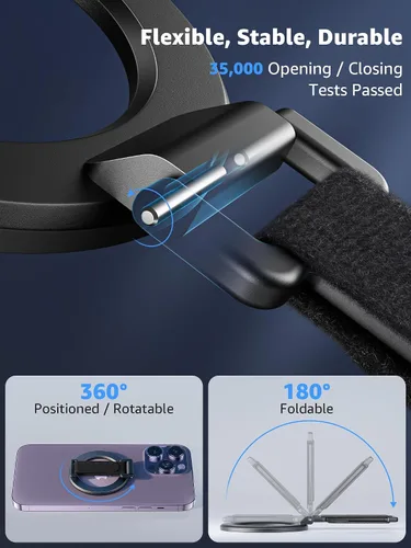 Vista 5 de SUPERONE para soporte de teléfono MagSafe con banda para dedo, soporte de anillo magnético removible con soporte lateral y asa para dedo, accesorios