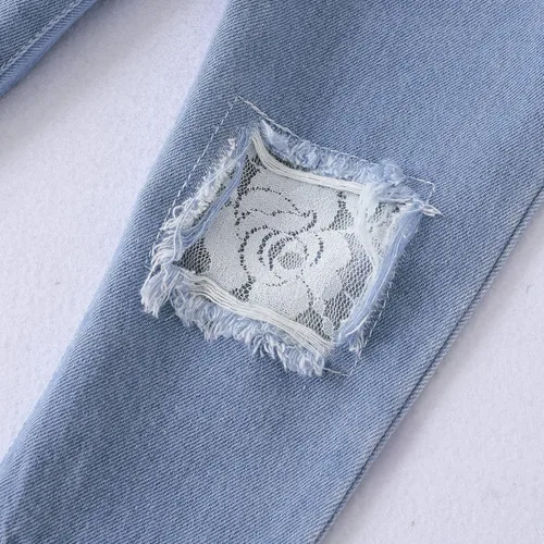 Vista 7 de XUANHAO Conjunto de 2 piezas de pantalones de mezclilla para niñas pequeñas parte superior floral con volantes pantalones de mezclilla rasgados