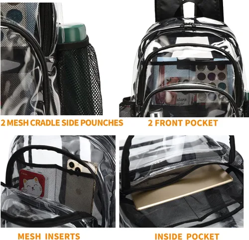 Vista 5 de KUI WAN Mochila transparente, bolsa transparente aprobada para estadios, mochila grande transparente de PVC resistente para estadio, escuela